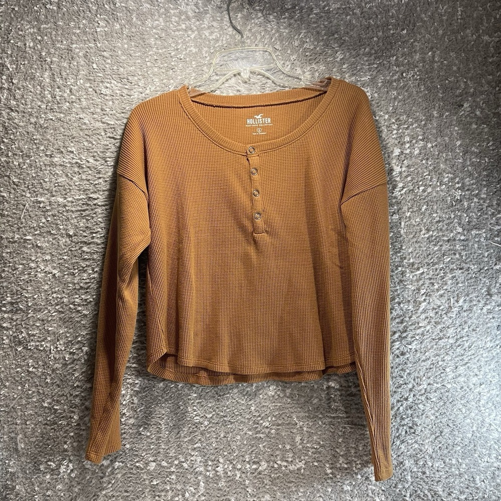 Hollister Oversized Crop Henley Waffle Knit Boxy‎ Long Sleeve Top S Preppy Brown